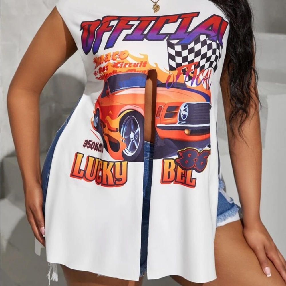 SHEIN White and Orange Sleeveless Graphic Tee